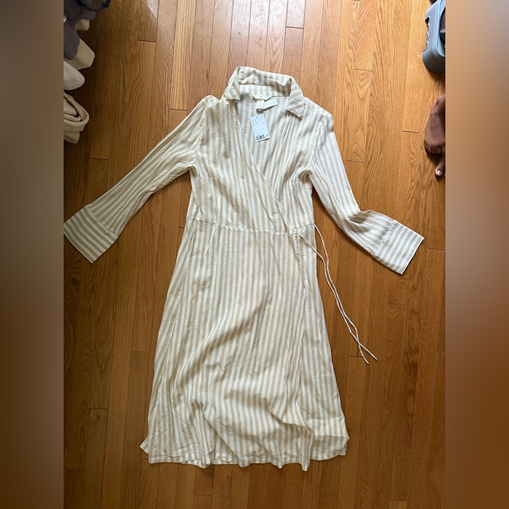 H&M Cream and White Striped wrap dress
